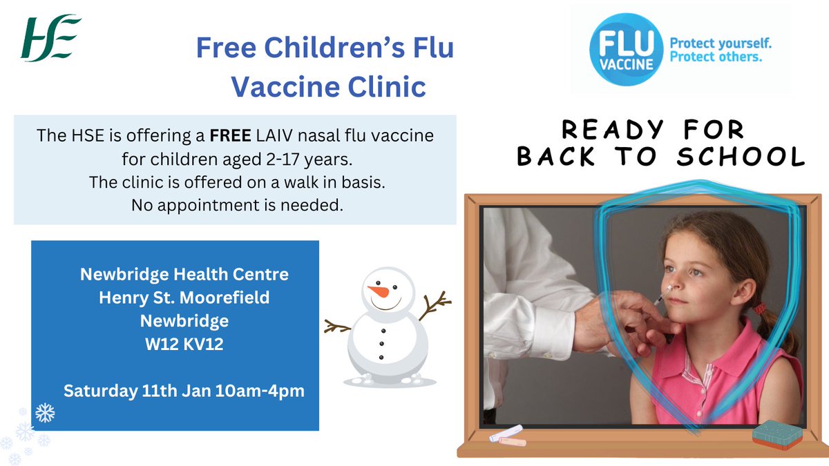 HSEDubMidlands's tweet photo. Protect your child this flu season. Join us for a Free Children’s Flu Vaccine Clinic on Saturday, January 11th, from 10 AM to 4 PM at Newbridge Health Centre, Henry St., Moorefield, Newbridge, W12 KV12. No appointment needed https://t.co/mYsMgENppC