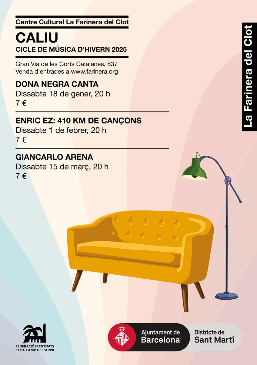 Un hivern més arriba el CALIU, Cicle de Música d'Hivern de La Farinera que servirà de refugi per passar l’hivern amb menys fred.

El cicle vol que el públic se senti com a la sala d’estar de casa i per això es crearà un ambient íntim per aconseguir-ho.

farinera.org/cicle/caliu/