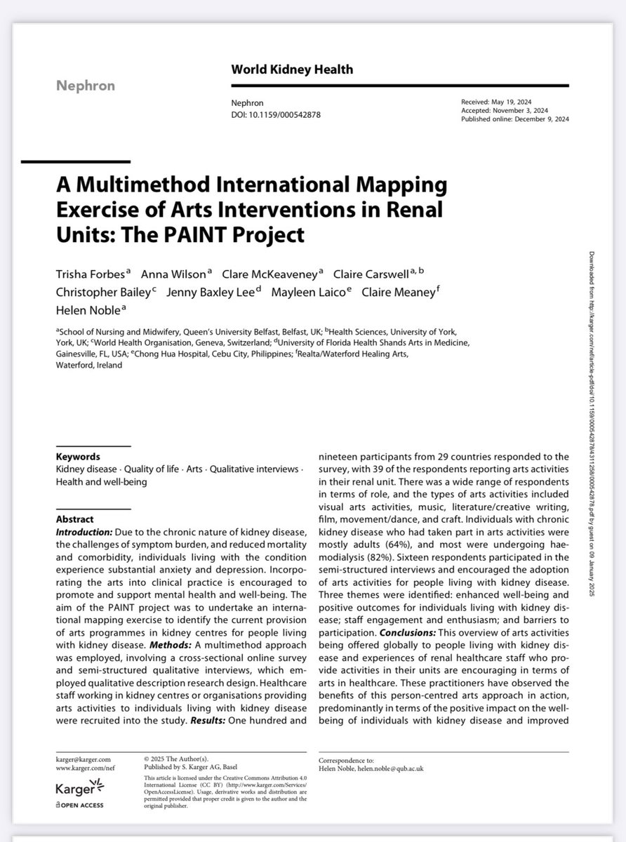 Trisha Forbes (@trishaforbes) on Twitter photo Delighted to share our publication from <a href="/NIKRFcharity/">Northern Ireland Kidney Research Fund</a> funded PAINT Project exploring how the arts can be used to improve kidney patients’ psychosocial health 🎨🤸♀️
karger.com/nef/article/do… Delighted to share our publication from <a href="/NIKRFcharity/">Northern Ireland Kidney Research Fund</a> funded PAINT Project exploring how the arts can be used to improve kidney patients’ psychosocial health 🎨🤸♀️
karger.com/nef/article/do…
