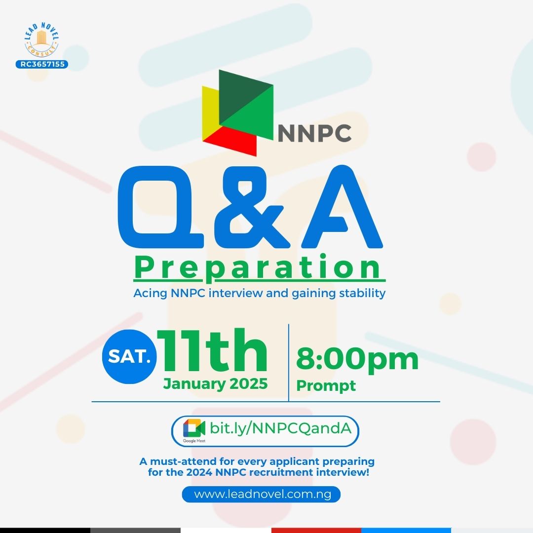 lead_novel's tweet photo. NNPC Q&A Preparation!
Join us on Jan 11, 2025, at 8 PM for a crucial session to ace your NNPC interview!
Don't miss this chance!
Register Here: https://t.co/ebW0eNAcjz
Join the meeting via Google meet : https://t.co/QlGcRgvuTw
#NNPC #JobPreparation #jobseekers #CareerGrowth https://t.co/ZBKtVDkptc