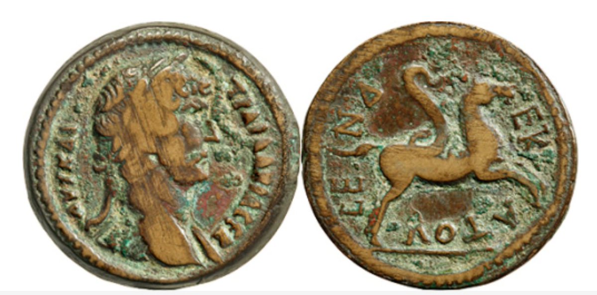 A provincial #coin from Roman Egypt struck under Hadrian that really tickles my fancy - it shows a serpent ('good spirit or Agathodaemon) riding on a horse! rpc.ashmus.ox.ac.uk/coin/73212 #numismatics