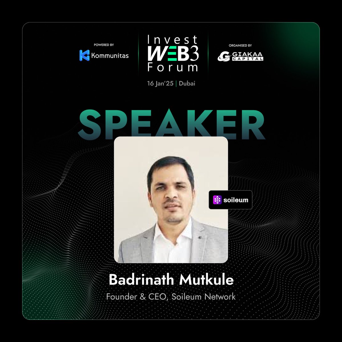 investweb3forum's tweet photo. 🚀 Speaker Spotlight 🚀

@badrinath_m, Founder & CEO of @soileum_network , is set to take the stage at the @investweb3forum, Dubai!

With over 13 years of expertise in the IT and blockchain sectors, Badrinath is spearheading the development of the world’s first decentralized identity network powered by the groundbreaking Secure Open Identity Layer (SOIL) technology. At SOILEUM, he is revolutionizing how digital identities are managed, protected, and utilized, creating identity-powered dApps for a secure, scalable, and decentralized Web3 era.

Don’t miss this opportunity to connect with a visionary leader shaping the next generation of blockchain innovation!

📅 Jan 16, 2025
📍 In5 Tech, Dubai
🎟️ Register Now: https://t.co/UIR9X4ioIQ
🌐 Learn More: https://t.co/9O36eMFfRp

#IWF2025 #Web3 #Blockchain #DecentralizedIdentity #Innovation #Leadership