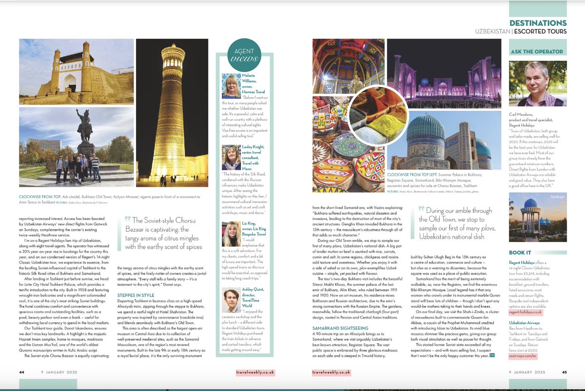 Tour operators &amp; travel agents: whip out your copy of this week's <a href="/travelweekly/">Travel Weekly</a> &amp; you'll find this gorgeous article about Uzbekistan by <a href="/ShebsAlom/">Shebs The Wanderer</a>! #presstrip content.yudu.com/web/28qwf/0A2c…