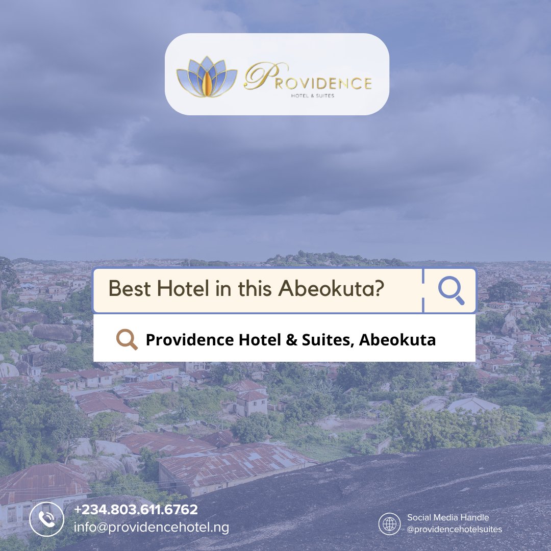 Looking for the best hotel   in Abeokuta? Look no further than Providence Hotel &amp; Suites!

Book now or contact us to   learn more. 📞 Call/WhatsApp:   +234.803.611.6762, 📧 Email: divineprovidencehotel@gmail.com, 📲 Follow us:   @providencehotelsuites

#AbeokutaHotels