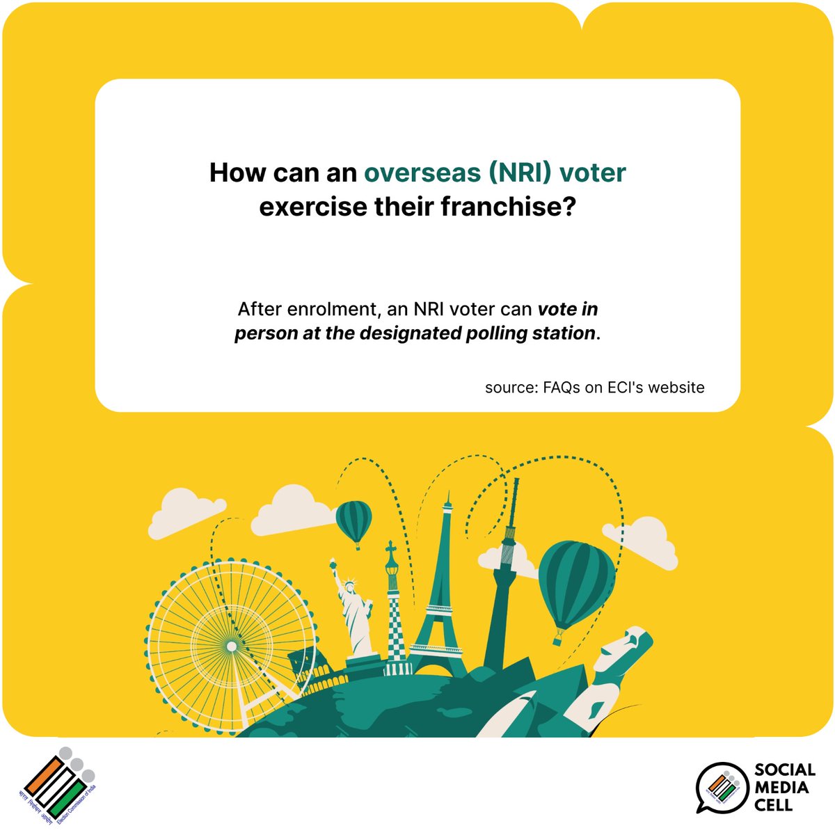 ECISVEEP's tweet photo. Celebrating Pravasi Bharatiya Diwas, we bring answers to all your questions about NRI voting! ✈️✨
Your vote matters, no matter where you are in the world.
#OverseasVoters #NRIVoting #ECI
(1/2) https://t.co/1tOXAdgXM1