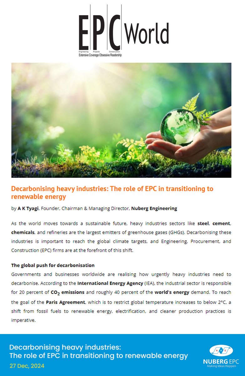 NubergEPC's tweet photo. As the global push for decarbonization intensifies, Nuberg EPC is leading the way in transforming heavy industries through renewable energy, green hydrogen, and advanced carbon capture technologies.
#Decarbonisation #SustainableEnergy #AKTyagi #NubergEPC #MakingIdeasHappen https://t.co/OIlZHIS96v