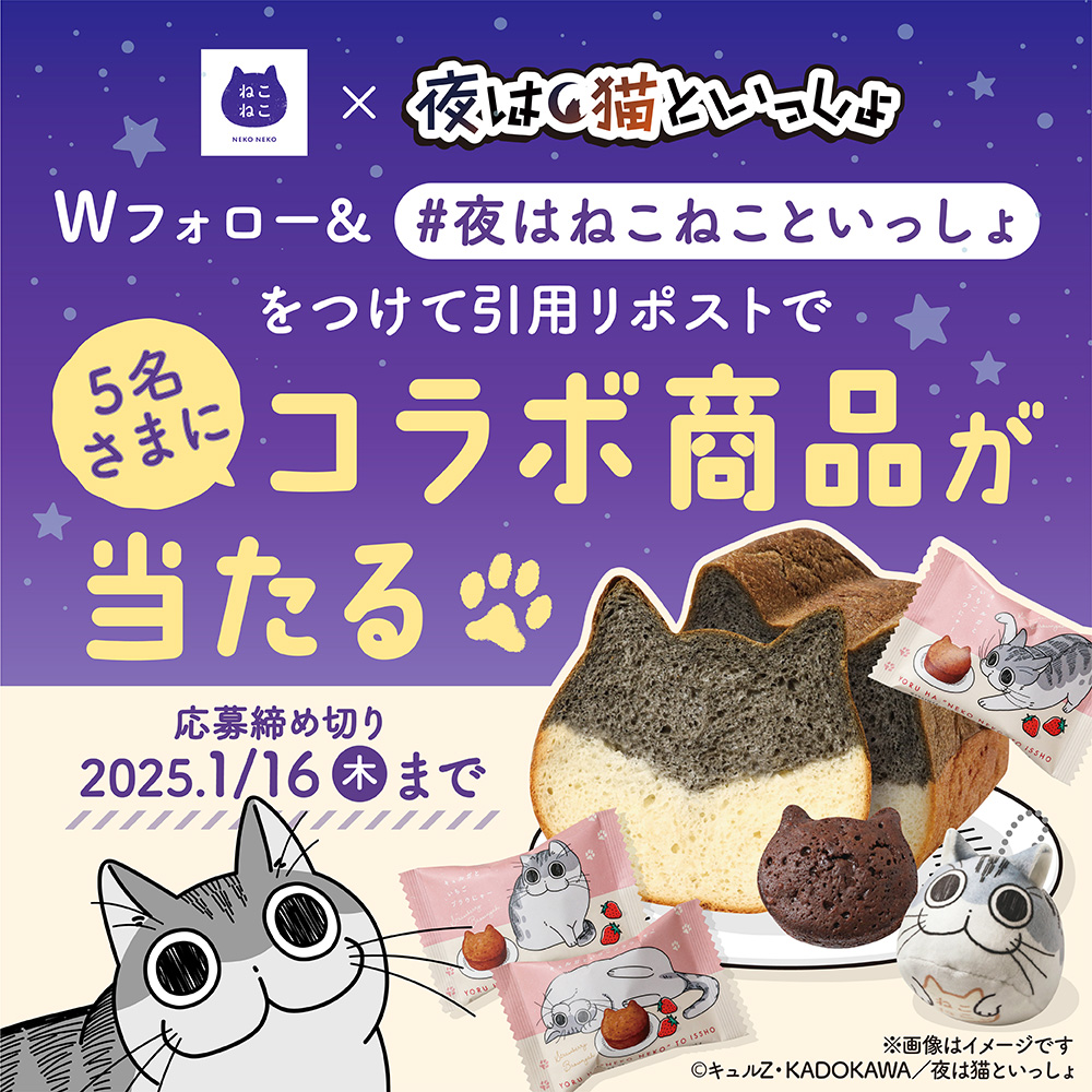 neko_shoku's tweet photo. ＼『#夜は猫といっしょ』コラボ記念 ／
🐱プレゼントキャンペーン本日最終日🌙

コラボ限定商品全3種が5名様に当たる！🌟

🐾応募方法
①@neko_shoku と @yoruneko_PR をWフォロー
②#夜はねこねこといっしょ をつけて引用リポスト🔁
当選者にはDMで連絡✉

1/16(木)〆切 https://t.co/36YEA38fNG