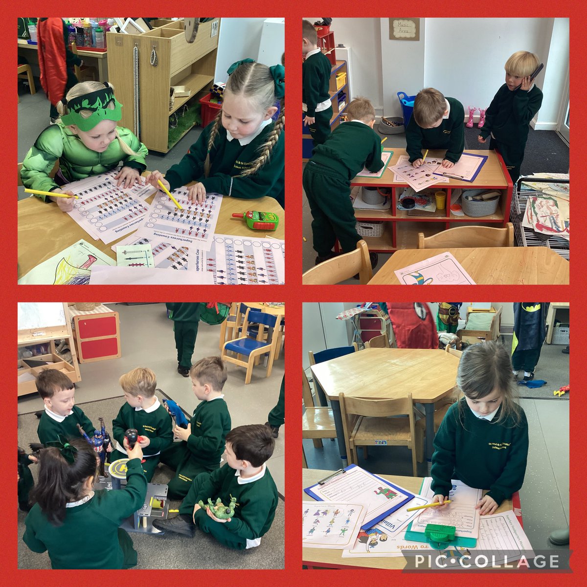 RC are enjoying their new topic all about Superhero’s. They have used the message centre to take messages to go and help people, used their imaginations for role play and been busy counting and using number recognition in the Maths area.