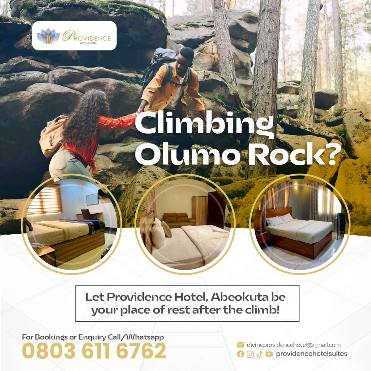 After the climb, unwind in   our luxurious rooms, enjoy top-notch amenities, and experience exceptional   hospitality.

#OlumoRockAdventure   #ProvidenceHotelAbeokuta #LuxuryInAbeokuta #RelaxAfterTheClimb   #TopNotchHospitality #AbeokutaHotels #UnwindInStyle #BestHotelInAbeokuta