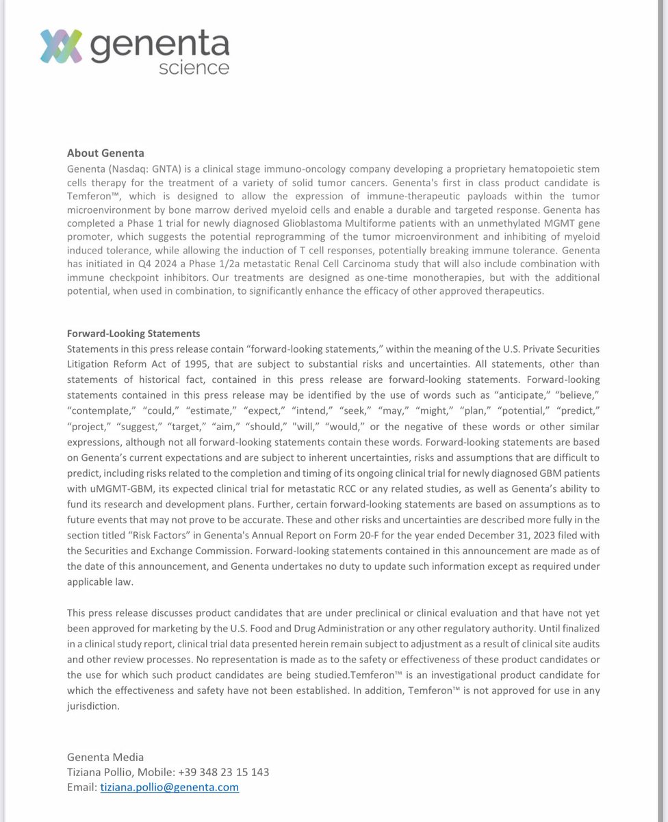 $GNTA

Our commitment for 2025: expanding tumor indications and treating more patients than ever. I’ll be in San Francisco next week for the JP Morgan Healthcare Week, ready to make meaningful connections.

Prof. *Luigi Naldini*, Co-founder of Genenta, noted: “Our recent