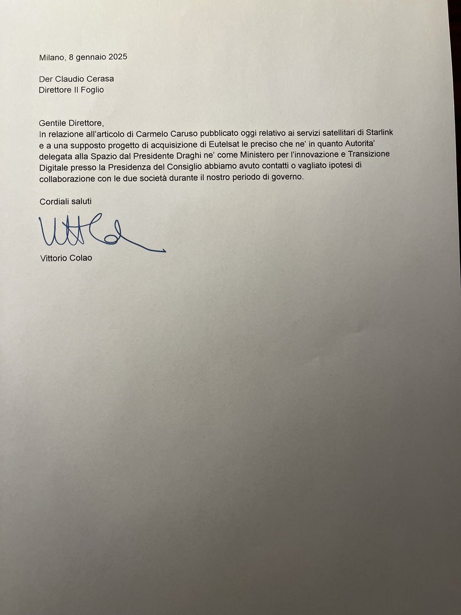 Precisazione pubblicata dal Foglio sulla vicenda Starlink.