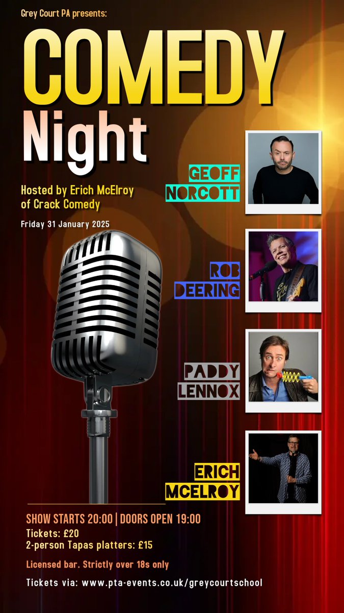 Oh Yes. It's back! the <a href="/greycourtpa/">Grey Court School PA</a> Comedy Night returns.
Friday 31 Jan 2025. Tickets via pta-events.co.uk/greycourtschoo…
Strictly limited so buy yours before they sell out