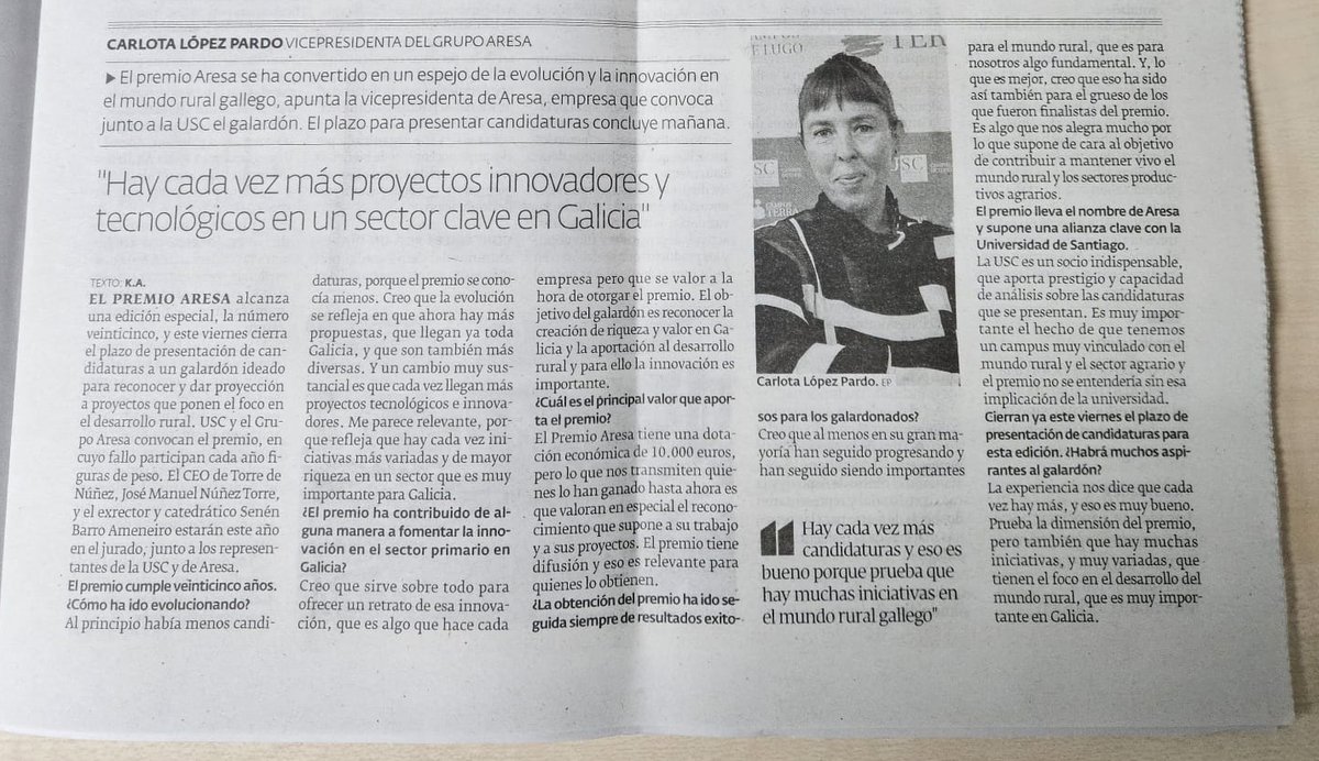 #EnPrensa | 🆕🗞️<a href="/elprogreso_Lugo/">El Progreso de Lugo</a> publica hoxe esta entrevista con Carlota López, vicepresidenta do Grupo Aresa, quen valora a evolución do galardón nestes 25 anos e a súa contribución ao fomento da innovación no sector primario.
👉Lembra! Pecharemos o prazo mañá 10 de xaneiro!