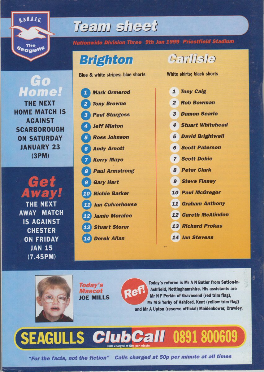 Seagulls Programmes (@seagullsprog) on Twitter photo On this day 1999, a crowd of 4,163 at Priestfield sees #BHAFC lose 3-1 to #carlisleunited in Division Three (League Two). Gary Hart with the Albion goal. We stay 7th in the table. <a href="/brian_horton4/">Brian Horton</a> & <a href="/kerrymayo3/">Kerry Mayo</a> on the cover. seagullsprogrammes.co.uk/199899 On this day 1999, a crowd of 4,163 at Priestfield sees #BHAFC lose 3-1 to #carlisleunited in Division Three (League Two). Gary Hart with the Albion goal. We stay 7th in the table. <a href="/brian_horton4/">Brian Horton</a> & <a href="/kerrymayo3/">Kerry Mayo</a> on the cover. seagullsprogrammes.co.uk/199899