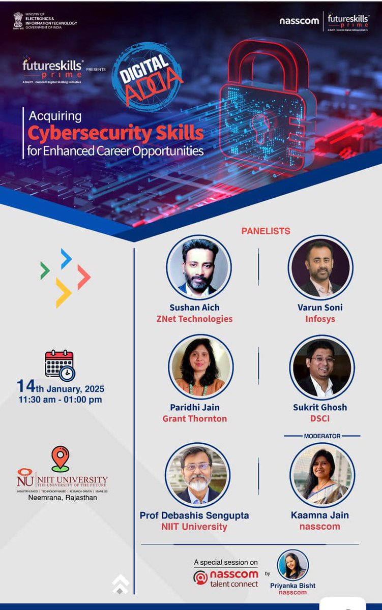 <a href="/niituniversity/">NIIT University</a>   in association with FutureSkills Prime <a href="/nasscom/">nasscom</a> shall be hosting an insightful Digital Adda session on ‘Acquiring Cybersecurity Skills for Enhanced Career Opportunities’ on 14th January 2025, 11:30 AM – 1:00 PM.
#Cybersecurity #DigitalSkilling #FutureSkillsPrime