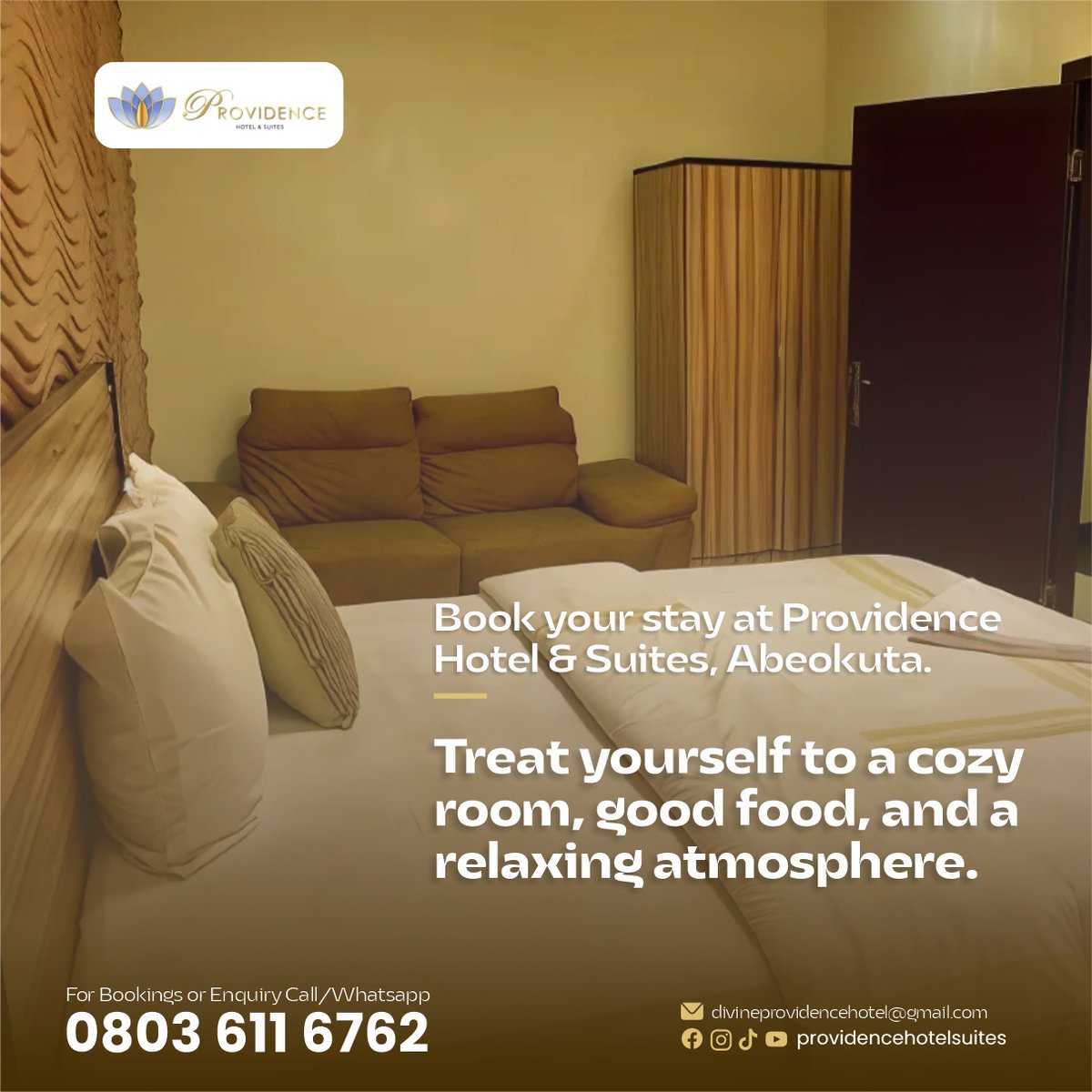 Enjoy cozy rooms, delicious meals, and a relaxing   atmosphere. Perfect for business or leisure, we offer a blend of comfort and   top-notch service. Your ideal getaway awaits!

#ProvidenceHotelAbeokuta   #AbeokutaStay #CozyStay #RelaxInAbeokuta #TopNotchService #ComfortAndLuxury