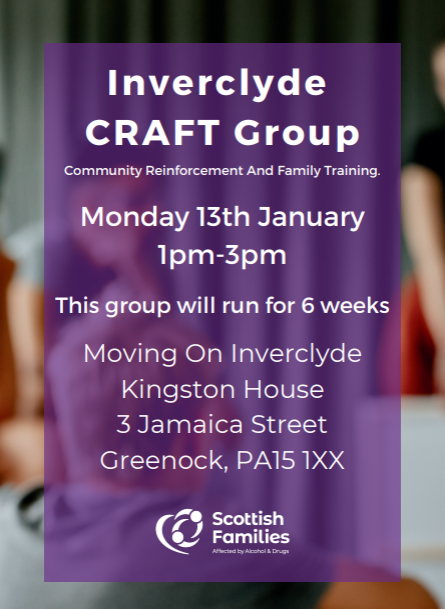 Scottish Families in Inverclyde (@sfadinverclyde) on Twitter photo Starting this Monday 13th January, we will be running a series of CRAFT Sessions (Community Reinforcement And Family Training) in Moving On Inverclyde! 💜
Contact inverclydefss@sfad.org.uk or 01475 302816 for more info ✨ Starting this Monday 13th January, we will be running a series of CRAFT Sessions (Community Reinforcement And Family Training) in Moving On Inverclyde! 💜
Contact inverclydefss@sfad.org.uk or 01475 302816 for more info ✨