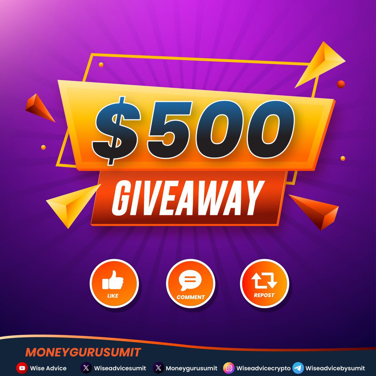 moneygurusumit's tweet photo. 🎉𝐖𝐞𝐞𝐤𝐥𝐲 𝐆𝐢𝐯𝐞𝐚𝐰𝐚𝐲 𝐀𝐧𝐧𝐨𝐮𝐧𝐜𝐞𝐦𝐞𝐧𝐭🎉

I will giveaway $𝟱𝟬𝟬 to the 𝟱 𝑴𝒐𝒔𝒕 𝑨𝒄𝒕𝒊𝒗𝒆 𝒎𝒆𝒎𝒃𝒆𝒓𝒔 of my Twitter (X) community.
 
To win 👇

▶️ Follow @moneygurusumit 
and @wiseadvicesumit 

▶️ Like, Comment and Repost all of my upcoming tweets.
 
Be more active on my X accounts to increase your chance to win 💸
 
5 winners will get $100 each