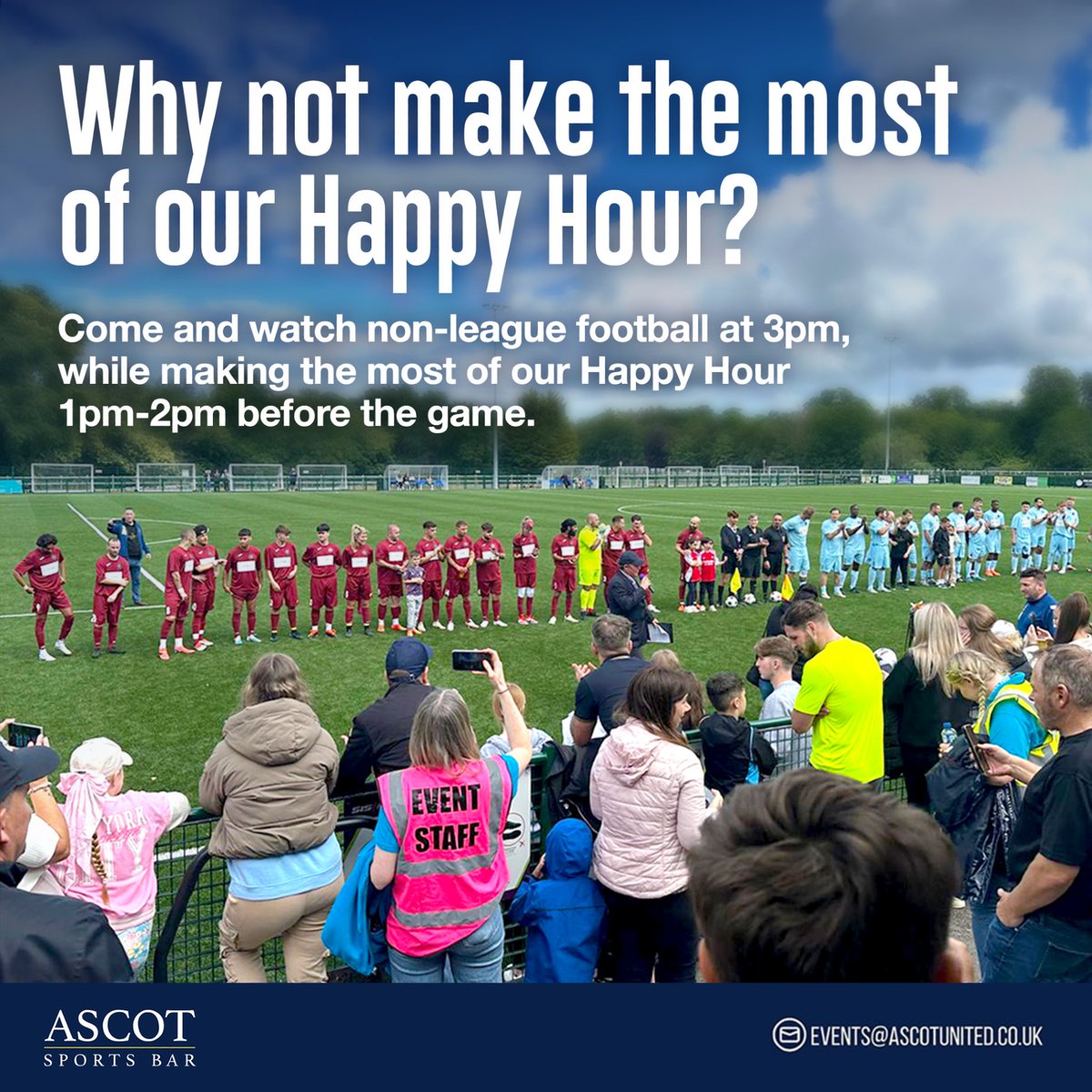 Why not make the most of our Happy Hour? 🍻

Come and watch non-league football at 3pm while making the most of our Happy Hour 1pm-2pm before the game.

18th - <a href="/AscotUnitedFC/">Ascot United FC</a> vs <a href="/HanworthVillaFC/">Hanworth Villa FC</a>