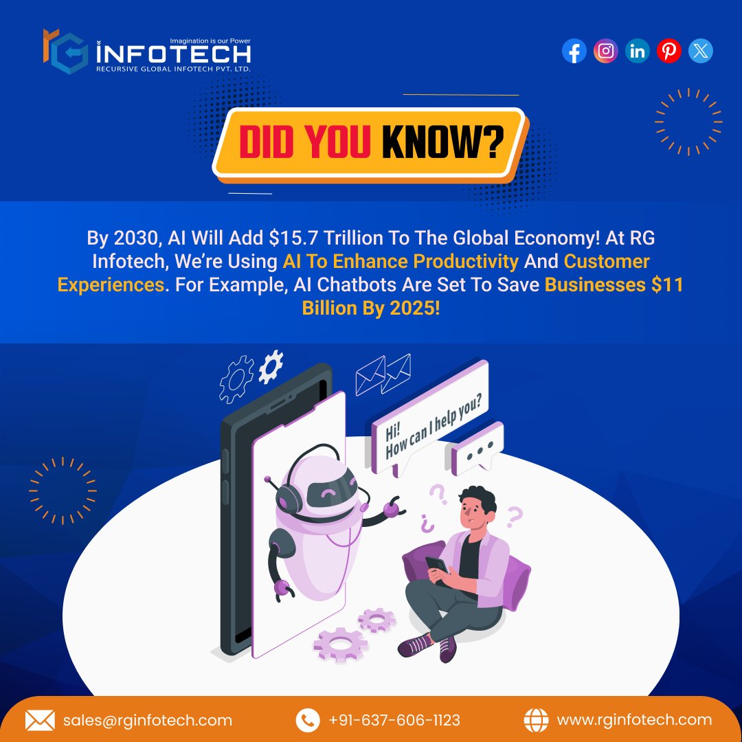 rginfotech1's tweet image. #AI is going to shape the #future! It&apos;s #projected to #add $15.7 #trillion to the #global #economy by #2030. #RG #Infotech has already been putting the power of AI to #innovation at #work.
📞 +91-637-606-1123
✉️ sales@rginfotech.com
🌐 rginfotech.com
#FutureOfTech #AI