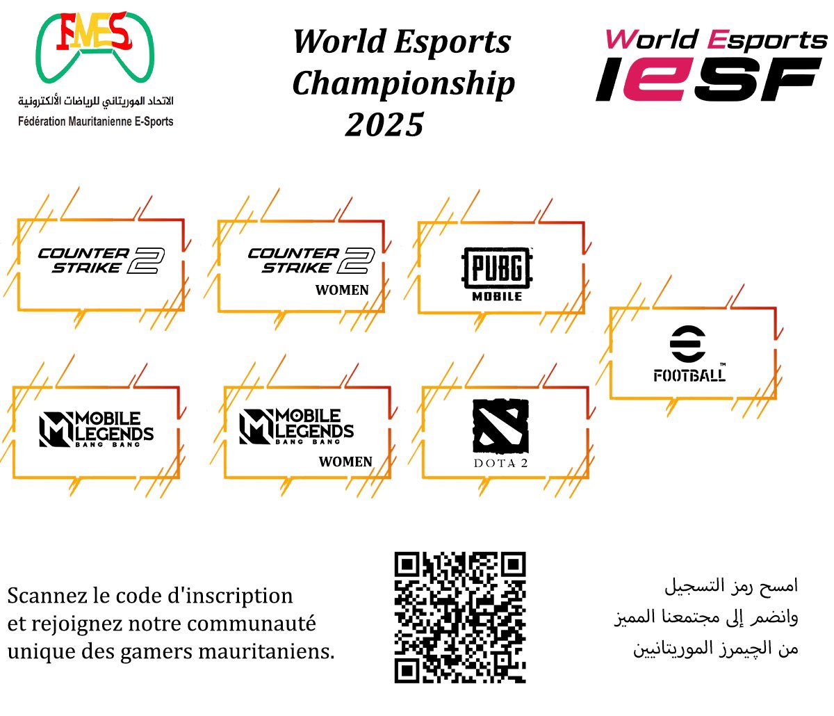 يتيح الاتحاد الموريتاني فرصة جديدة للموريتانيين الراغبين في تمثيل الوطن ورفع سقف التحديات في ألعابهم المفضلة.
كما ننوه الا أن هذه الفرصة متاحة أيضا للجانب النسوي، والتي يمكن أن تكون بوابة للإحتراف