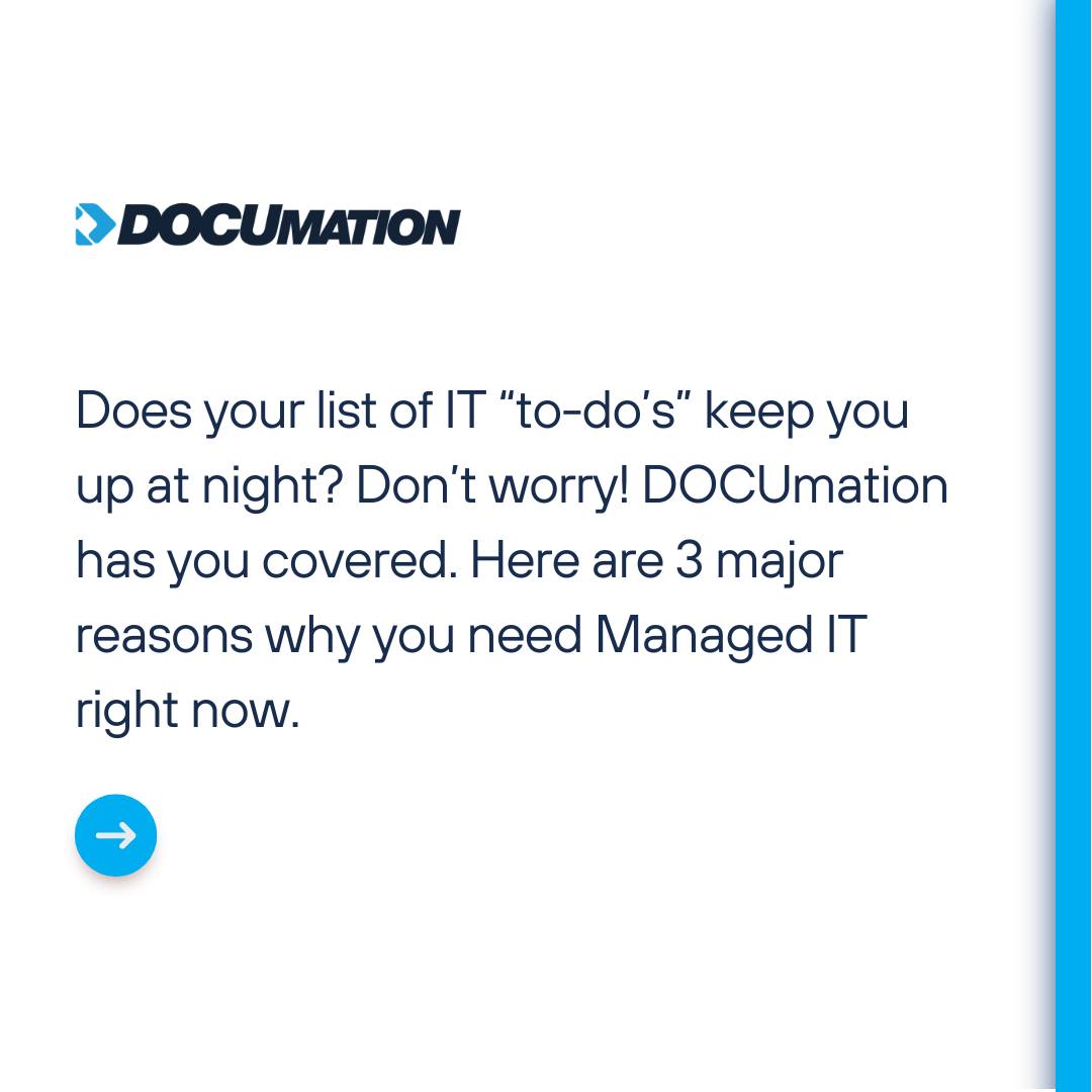 DocumationInc's tweet image. Think you don’t need Managed IT services for your business? Think again! Let us tell you why you should trust DOCUmation as your IT provider.  

Visit mation.com/services/manag… for more information. 

#manageditservices #businessgrowth #itprovider #cybersecurity #technology