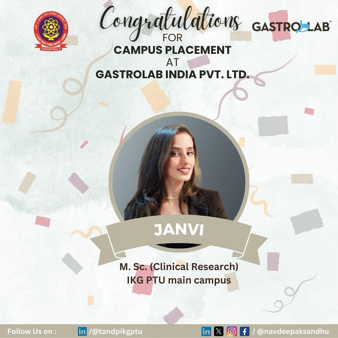 IKGujralPTU's tweet photo. Congratulations & best wishes to Janvi, M. Sc. (Clinical Research) student of IKG PTU main campus, for her campus placement at GastroLab India Pvt. Ltd. (GIPL) … 👍
#campus #placement #DFST https://t.co/jYOBCL4SGY
