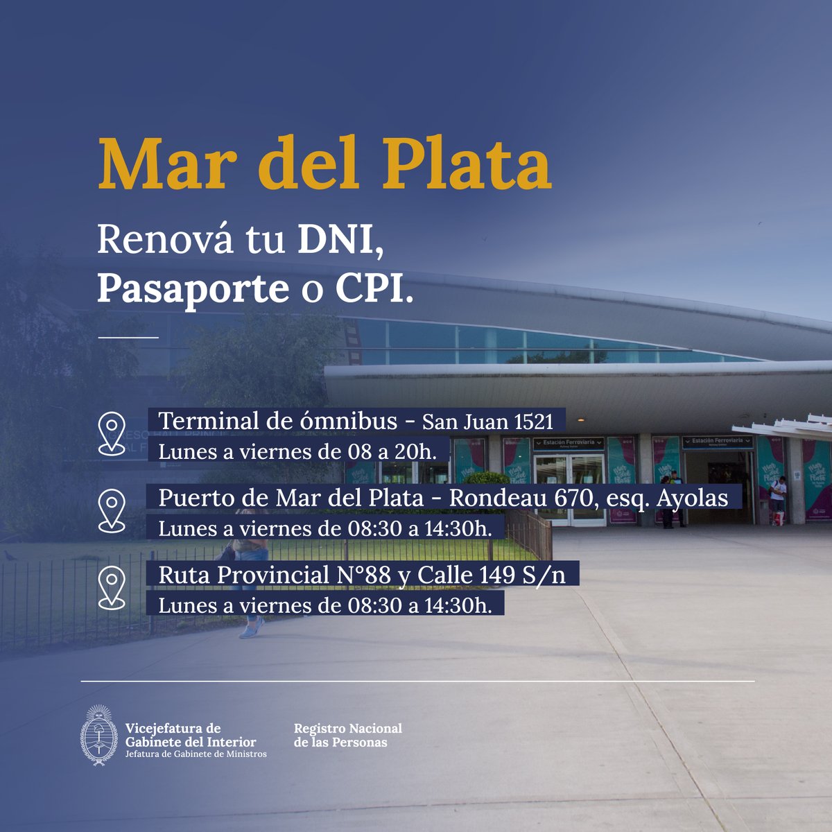 🏖️Si te encontras en Mar del Plata tene en cuenta que  podrás renovar tu DNI, Pasaporte o CPI.
📲Solo necesitas sacar un turno a través de Mi Argentina.

🌐 Más info en argentina.gob.ar/interior/renap…