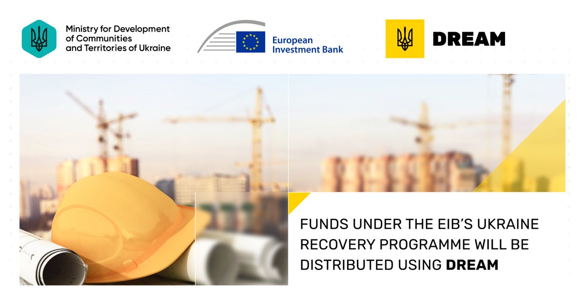DREAM - Digital Restoration Ecosystem (@dreamuadigital) on Twitter photo €100m under <a href="/EIB/">European Investment Bank</a>'s Ukraine Recovery Program for projects to construct municipal housing, water supply and sewerage, healthcare, and distributed power generation facilities will be allocated using DREAM.
Read more - bit.ly/40pDupA
<a href="/MinForUADev/">Ministry for Development</a> <a href="/opencontracting/">Open Contracting Partnership</a> €100m under <a href="/EIB/">European Investment Bank</a>'s Ukraine Recovery Program for projects to construct municipal housing, water supply and sewerage, healthcare, and distributed power generation facilities will be allocated using DREAM.
Read more - bit.ly/40pDupA
<a href="/MinForUADev/">Ministry for Development</a> <a href="/opencontracting/">Open Contracting Partnership</a>
