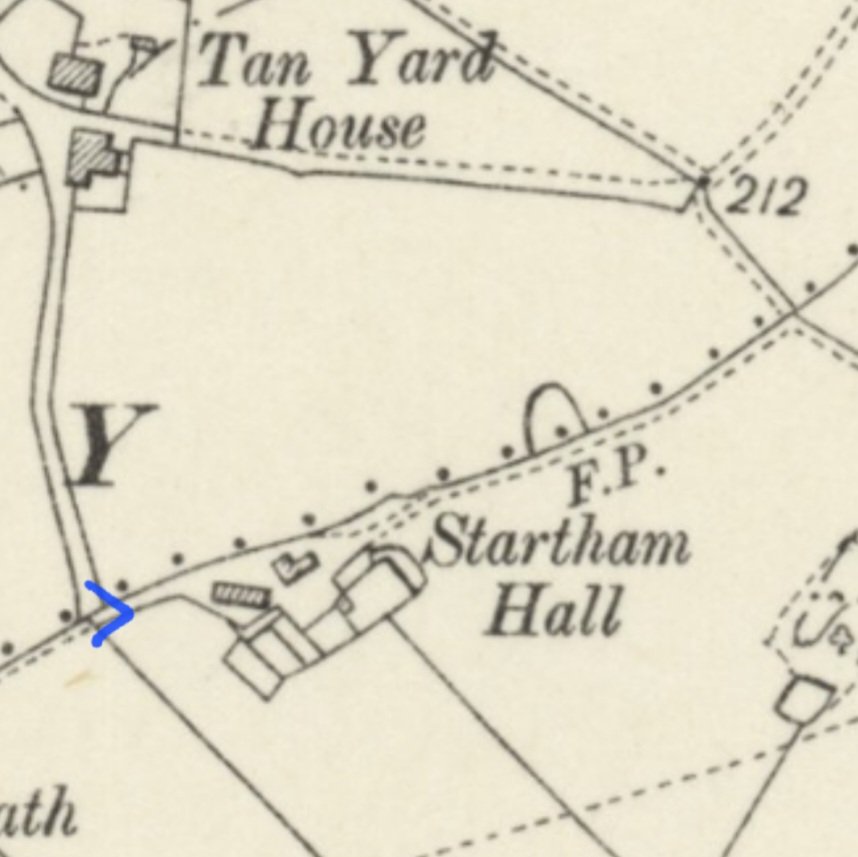 Startham Hall once stood here, above Carr Mill Dam. It was demolished in the middle of the last century. Just some rubble &amp; a shape in the lane remains. The arrows on the modern aerial &amp; circa 1900 OS map show the location. Photo my own, from yesterday. #StHelens #Lancashire