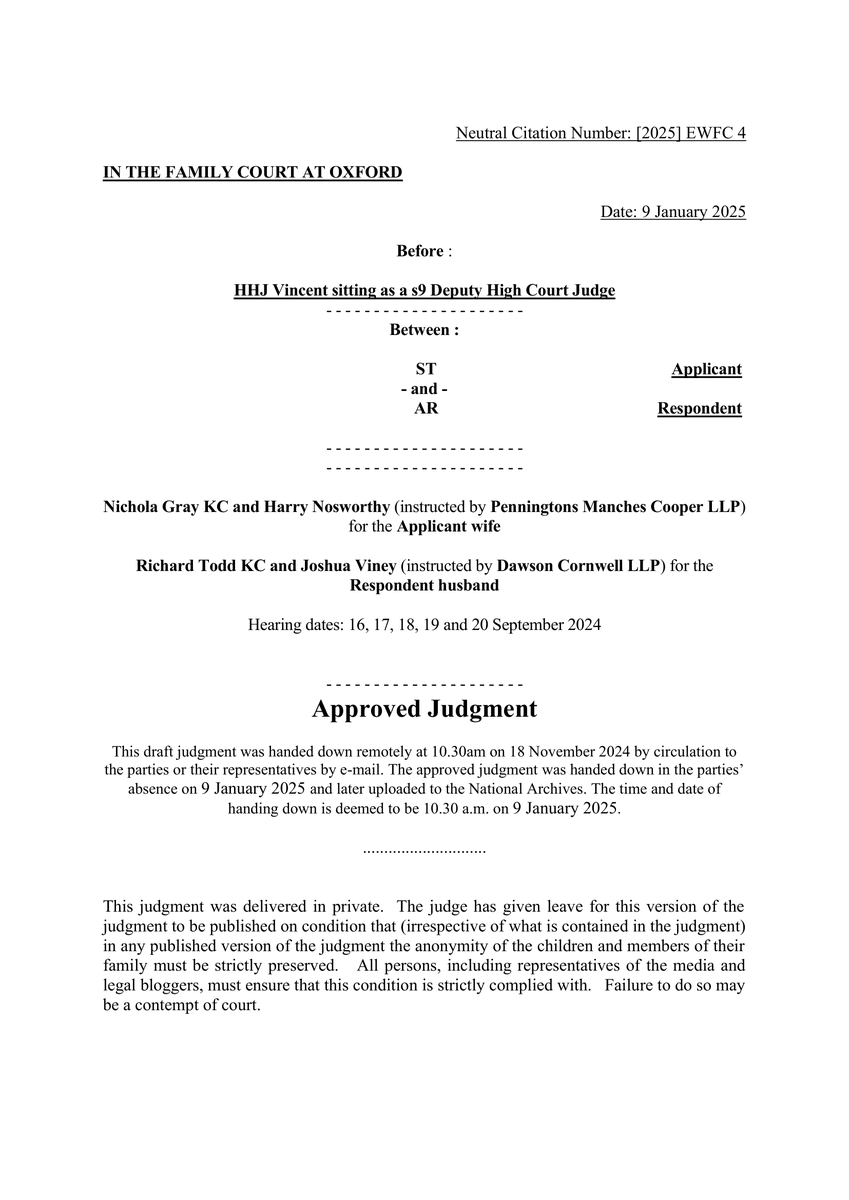 In one of the first big money cases following the decision in Standish, Jessica Reid, Simon Bruce and Amelia Alston, instructing Richard Todd KC and Joshua Viney of <a href="/OneHareCourt/">1 Hare Court</a>, successfully acted for the husband in ST v AR. Read the judgment here: bit.ly/4h79kgx