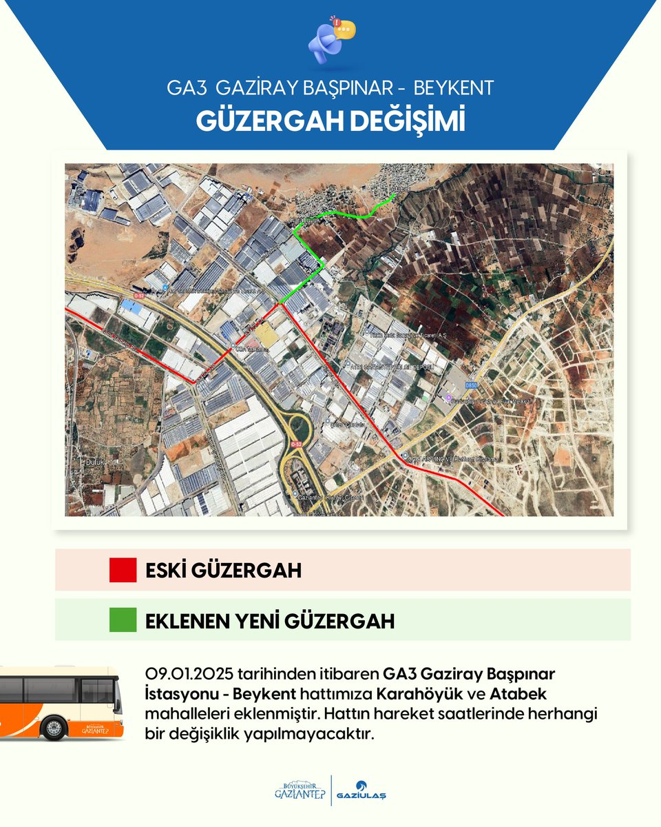 📢 Yolcularımızın Dikkatine! 🚌 09.01.2025 tarihinden itibaren GA1 Aktoprak - Gaziray Başpınar İstayonu hattımıza Sam mahallesi güzergahı eklenmiş olup ayrıca GA3 Gaziray Başpınar İstasyonu - Beykent hattımıza Karahöyük ve Atabek mahalleleri eklenerek güzergahlar güncellenmiştir.