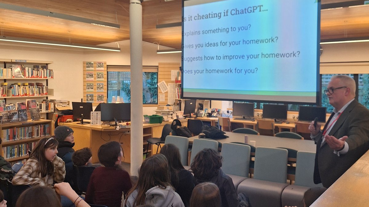 Year 7 welcomed Miles Berry <a href="/mberry/">Prof. Miles Berry</a>, Professor of Computing Education <a href="/RoehamptonUni/">Uni of Roehampton</a>, to discuss the uses &amp; implications of AI. The lively discussion included the ethics of using AI for homework, how AI perpetuates bias, and why thinking for yourself is essential for learning.