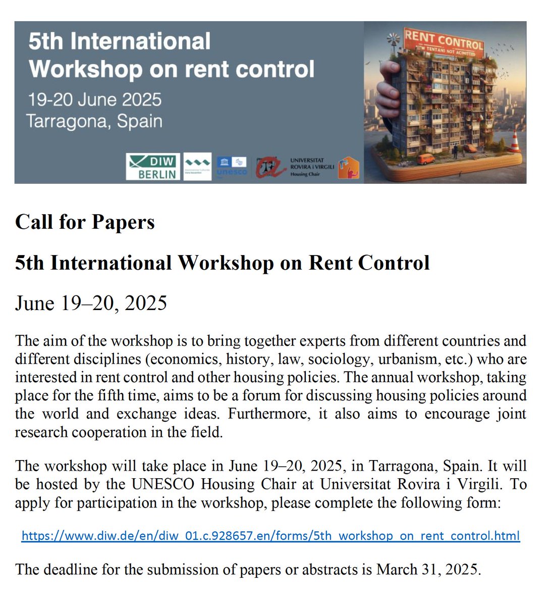 Cátedra UNESCO de Vivienda (@housingchairurv) on Twitter photo El 19 y el 20 de junio tendrá lugar en Tarragona el Workshop Internacional sobre control de renta para reunir expertos de diferentes países y diferentes disciplinas interesados en el control de alquileres y otras políticas de vivienda.
<a href="/SNasarreA/">Sergio Nasarre Aznar</a>
<a href="/HectorSM_URV/">Hector Simon Moreno</a>
<a href="/caballegemma/">Gemma Caballé Fabra</a> El 19 y el 20 de junio tendrá lugar en Tarragona el Workshop Internacional sobre control de renta para reunir expertos de diferentes países y diferentes disciplinas interesados en el control de alquileres y otras políticas de vivienda.
<a href="/SNasarreA/">Sergio Nasarre Aznar</a>
<a href="/HectorSM_URV/">Hector Simon Moreno</a>
<a href="/caballegemma/">Gemma Caballé Fabra</a>