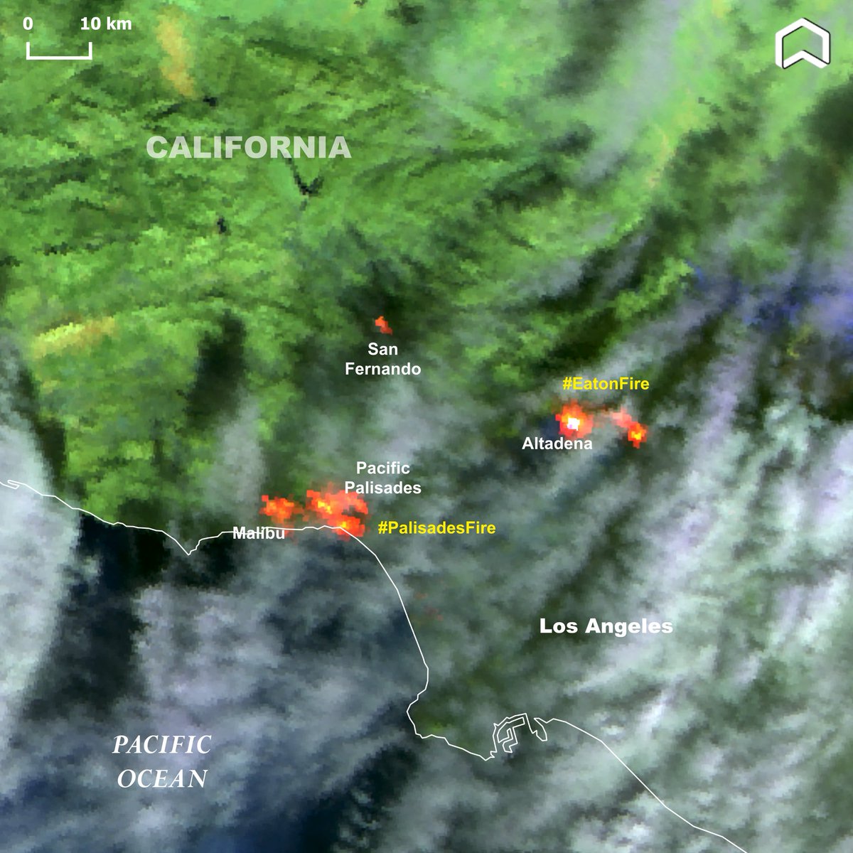 ADAM Platform (@platformadam) on Twitter photo The last available #Copernicus #Sentinel3 image, collected on Jan. 8th shows the #LosAngelesFire. 
The destructive #CaliforniaWildfires keep burning across Southern California. The #PalisadesWildfire destroyed almost 1000 structures. #EatonFire  #climateemergency #CAWildfire The last available #Copernicus #Sentinel3 image, collected on Jan. 8th shows the #LosAngelesFire. 
The destructive #CaliforniaWildfires keep burning across Southern California. The #PalisadesWildfire destroyed almost 1000 structures. #EatonFire  #climateemergency #CAWildfire