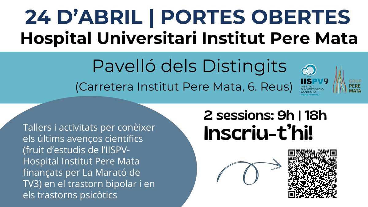 Institute of Health Research Pere Virgili (IISPV) (@iisperevirgili) on Twitter photo 👉Coneix els últims avenços en #salutmental #trastornbipolar i #trastornspsicòtics del <a href="/GrupPereMata/">Grup Pere Mata</a> #IISPV ➡️Portes obertes <a href="/la_marato/">La Marató de 3Cat</a> “Visita la recerca”
📅24/04 al Pavelló dels Distingits (Reus)
👉2 sessions: de 9h a 11h i de 18h a 20h
🔗tuit.cat/b81qr 👉Coneix els últims avenços en #salutmental #trastornbipolar i #trastornspsicòtics del <a href="/GrupPereMata/">Grup Pere Mata</a> #IISPV ➡️Portes obertes <a href="/la_marato/">La Marató de 3Cat</a> “Visita la recerca”
📅24/04 al Pavelló dels Distingits (Reus)
👉2 sessions: de 9h a 11h i de 18h a 20h
🔗tuit.cat/b81qr