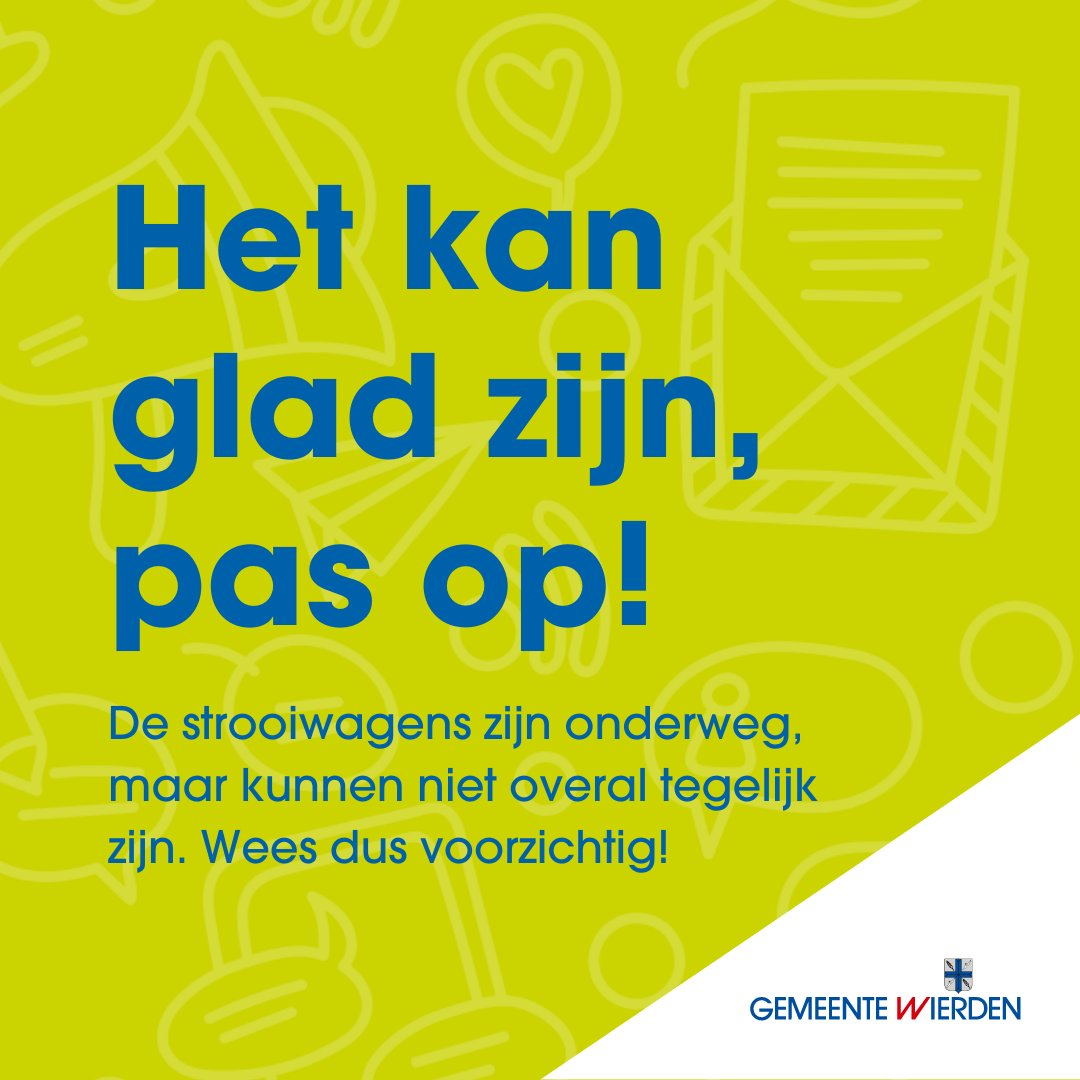 Let op, gevaar voor #gladheid in onze gemeente #Wierden. De strooiwagens zijn onderweg!
Meer info: wierden.nl/gladheid