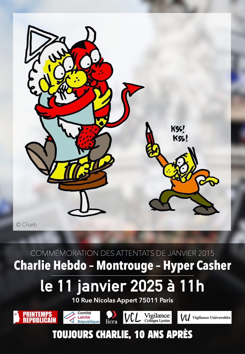 Delphine Girard (@dlgirard) on Twitter photo Nous serons rue Nicolas Appert pour honorer la mémoire de ceux que la barbarie nous a pris sans avoir réussi à les tuer, sans nous avoir privés de leur esprit, plus vivant que jamais.
<a href="/Charlie_Hebdo_/">Charlie Hebdo</a>
<a href="/college_lycee/">Vigilance Collèges Lycées (VCL)</a> Nous serons rue Nicolas Appert pour honorer la mémoire de ceux que la barbarie nous a pris sans avoir réussi à les tuer, sans nous avoir privés de leur esprit, plus vivant que jamais.
<a href="/Charlie_Hebdo_/">Charlie Hebdo</a>
<a href="/college_lycee/">Vigilance Collèges Lycées (VCL)</a>