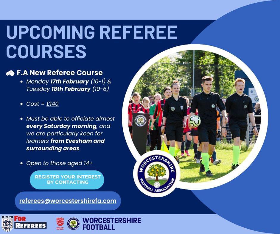 WFAHFARefs's tweet photo. Our final three Referee Courses for this season still have places available on each. For anybody interested in @WorcsFA &amp; @HerefordshireFA, get in touch now! 👋 https://t.co/XUmNHT9LTf