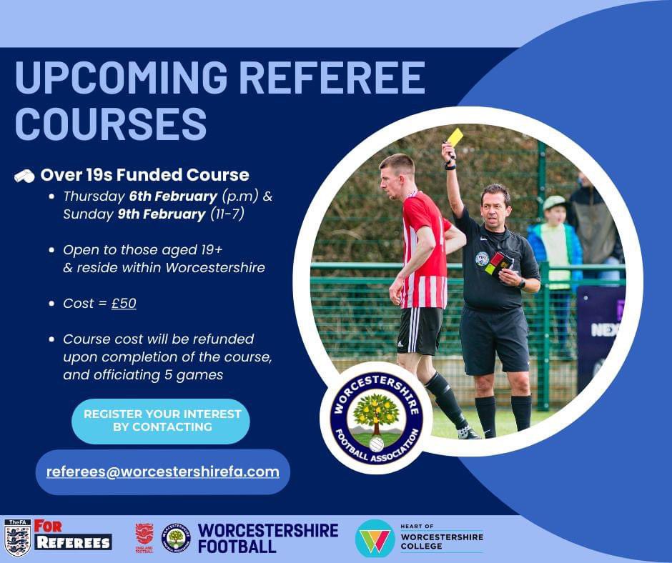 WFAHFARefs's tweet photo. Our final three Referee Courses for this season still have places available on each. For anybody interested in @WorcsFA &amp; @HerefordshireFA, get in touch now! 👋 https://t.co/XUmNHT9LTf