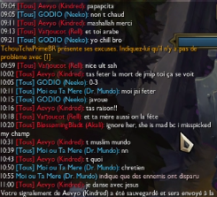 La personne à eu des propos inadmissible. Le joueur à eu des propos raciste homophobe et des propos insultant envers les communautés le joueur a dit je cite '' les noirs puent'' je danse avec jesus, je twerk avec jesus'' veullez prendre des mesures. <a href="/RiotSupportFR/">Riot Support FR</a>