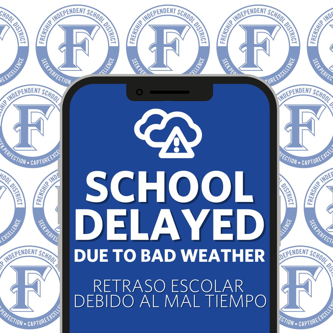 Due to slick roads, all Frenship campuses will be delayed 2 hours this morning (Jan. 9). Buses will run a regular route 2 hours later than normal on pavement only. We’ll keep you updated on any additional changes. Stay safe &amp; warm! Frenship.net