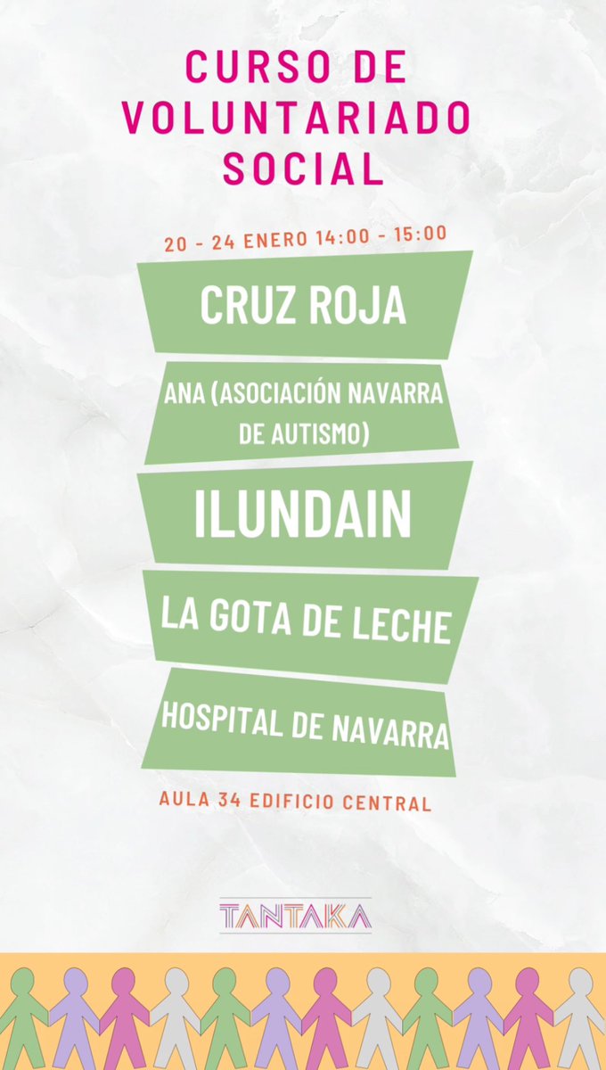 Año nuevo, propósito nuevo… ¡Sé un mejor voluntario! 🎯🤝 
Del 20 al 24 de enero aprende a hacer voluntariado de manera más efectiva y conoce a 5 entidades sociales de Pamplona. 📅 20-24 enero 🕐 14:00-15:00 h 📍 Aula 34, Edificio Central 
👉 Inscríbete: bit.ly/curso-vol-soci…