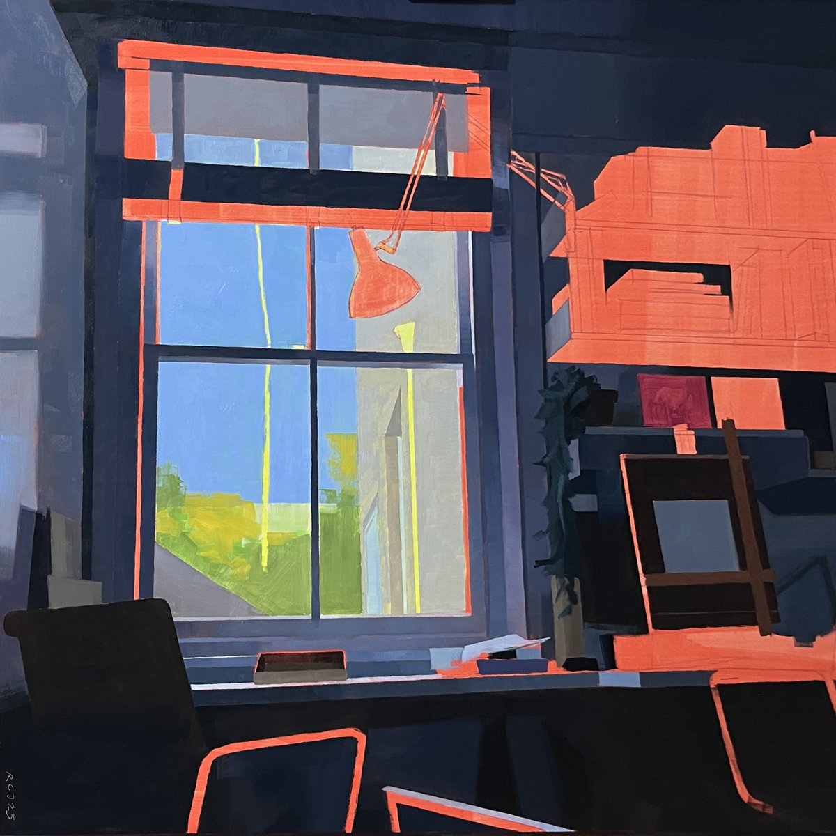 On the easel.. Snapshot of work in progress - a view of my studio window in the early morning light. #wip #oilpainting