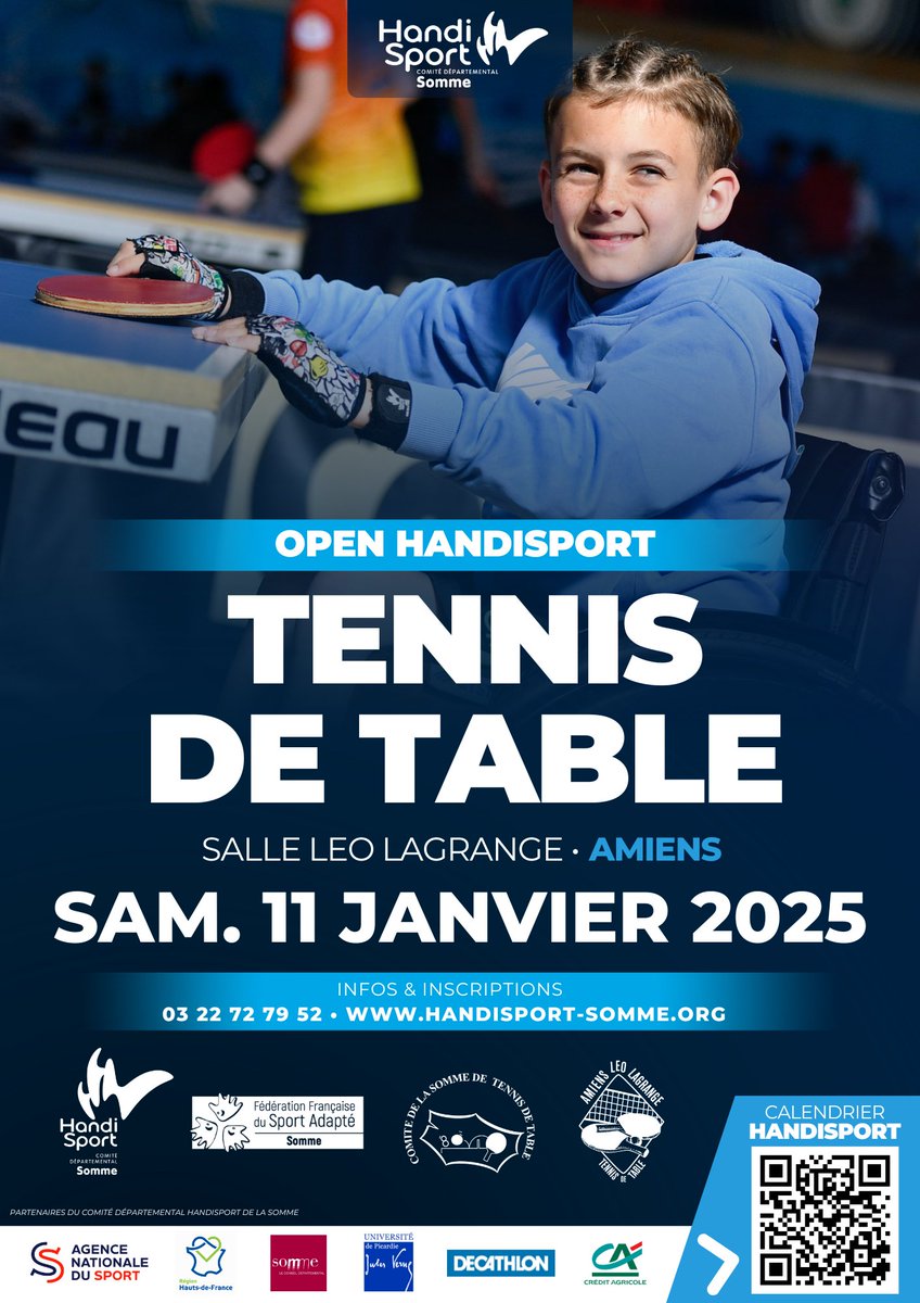 ⚫️‼️ [DERNIERES HEURES POUR S'INSCRIRE] EVENEMENT / Open Handisport TENNIS DE TABLE (1/2) - Samedi 11 Janvier 2025 (10h > 16h) - <a href="/AmiensMetropole/">Amiens Métropole - Ville d’Amiens</a> 
ℹ️ INFOS/INSCRIPTIONS > handisport-somme.org/calendrier/
‼️ Deadline Inscription : 10/01/2025 (12h)
<a href="/CDHandisport80/">Comité Départemental Handisport de la Somme</a> 🖤 handisport-somme.org