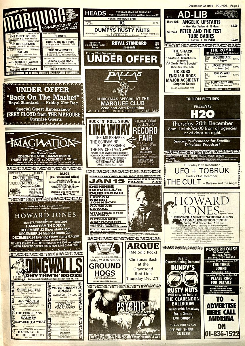 This week I’m at Adam &amp; Eve’s for the UK Fanzine Christmas with <a href="/NNeurotics/">Newtown Neurotics</a> &amp; a great supporting bill, then <a href="/RedGuitars/">Red Guitars (Temp Band Name) | MD ANT 🎖️</a> at the Marquee, before heading to Dingwalls for #PeterGreensKolors 

Finally, #Imagination at the Hammersmith Odeon.

Sounds Dec 22nd 1984