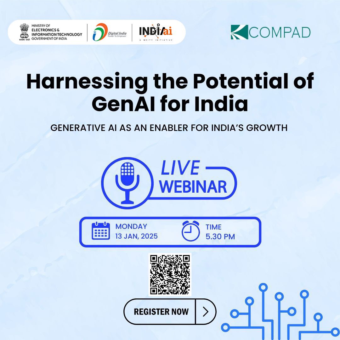_DigitalIndia's tweet photo. Join us on Jan 13 for an insightful webinar on ‘Harnessing the Potential of GenAI for India’ to explore how #GenAI can shape India’s future vision.  

Register at https://t.co/ISLcrRunkk

@GoI_MeitY @_DigitalIndia @abhish18 #AIForIndia #IndiaAI #FutureOfAI #COMPAD https://t.co/WTfZeXMfwB