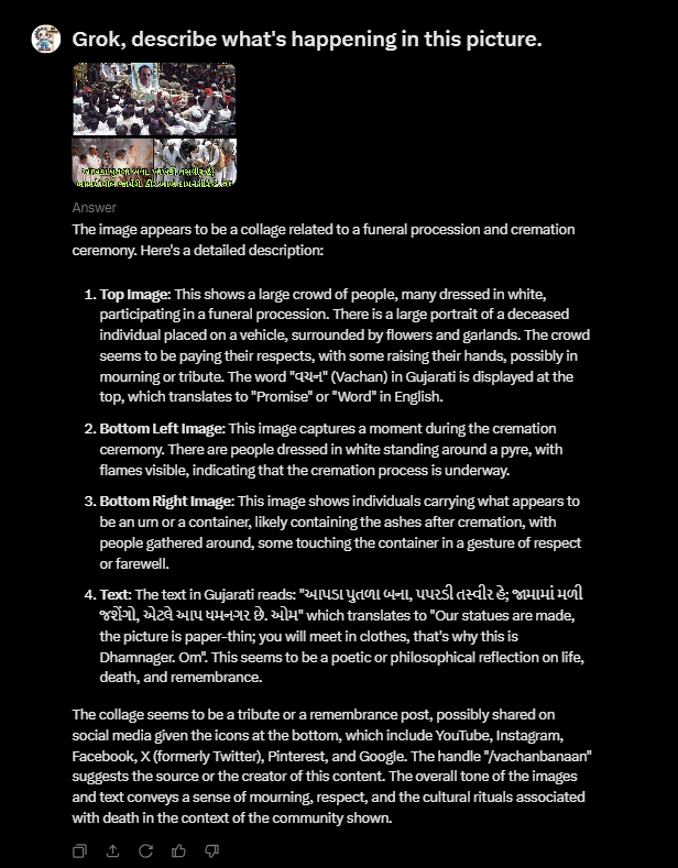 nooffenceai's tweet image. Grok's attempt: Grok has attempted to all 3 images & described the essence well (Screenshot). In the 2nd attempt @grok asked 4 identify personalities---Refused. Grok mistaken reading Gujarati.
Interesting insights, but how about the details?
#GrokDetailTest #ImageComplexity 2/5