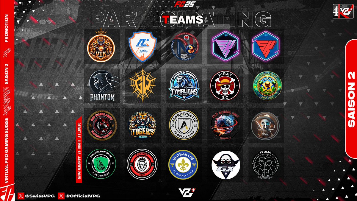 🚨 Présentation des équipes participantes à la VPG SUISSE Saison 2 – Ligue Promotion 🚨

La compétition s'annonce plus intense que jamais avec des équipes prêtes à en découdre pour accéder à l'élite ! ⚽🔥
Restez connectés pour suivre chaque moment de cette saison palpitante ! 🙌