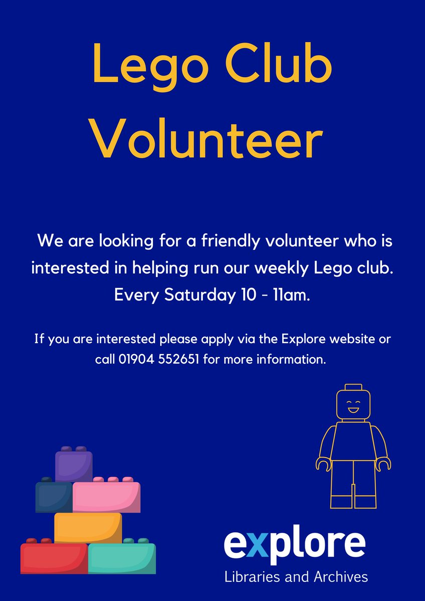 V O L U N T E E R    O P P O R T U N I T Y 😀

Want to try something new this year? Do you have some spare time on a Saturday morning and want to give back to your local community? Then why not consider becoming a Lego club volunteer at Acomb Explore Library!